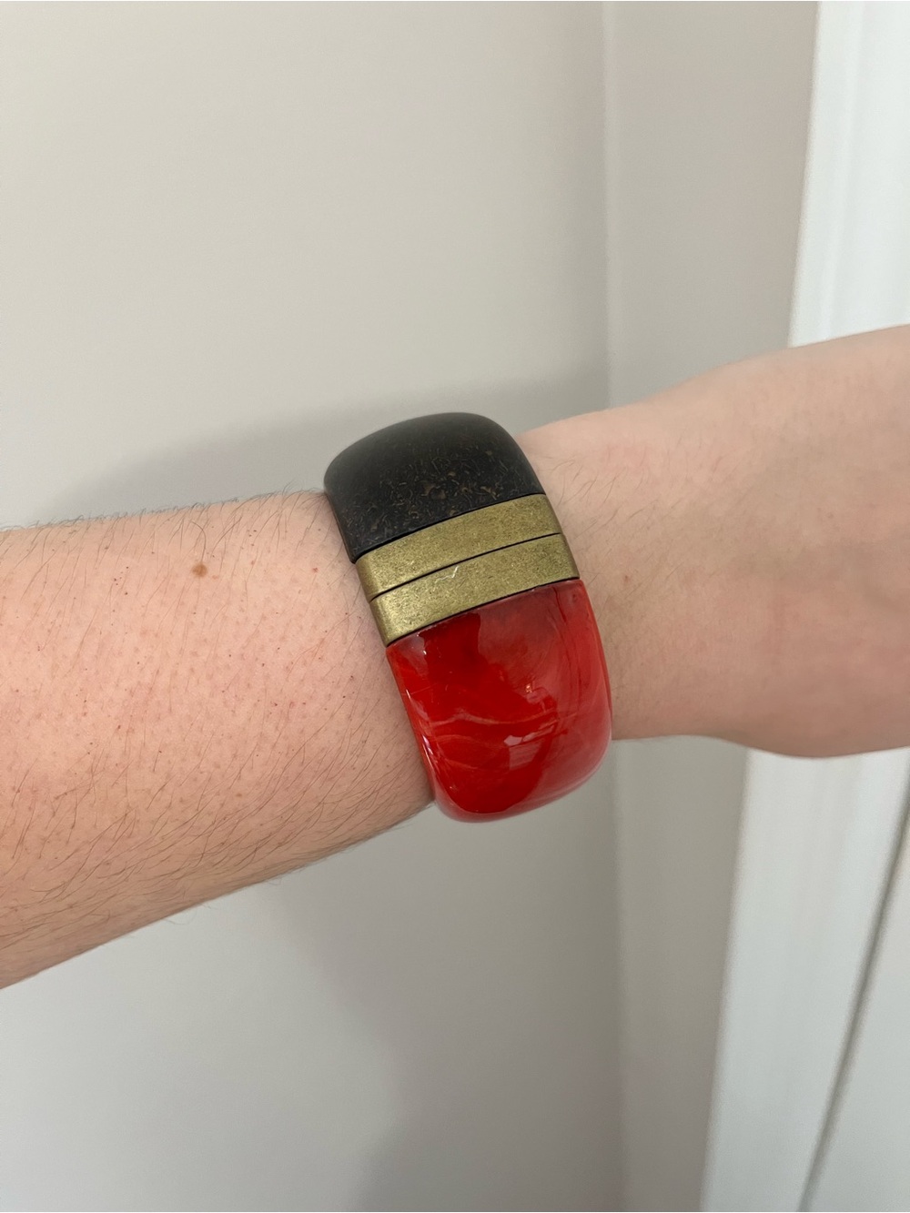 Premier Designs Red Resin and Wood Bracelet with Gold Bands